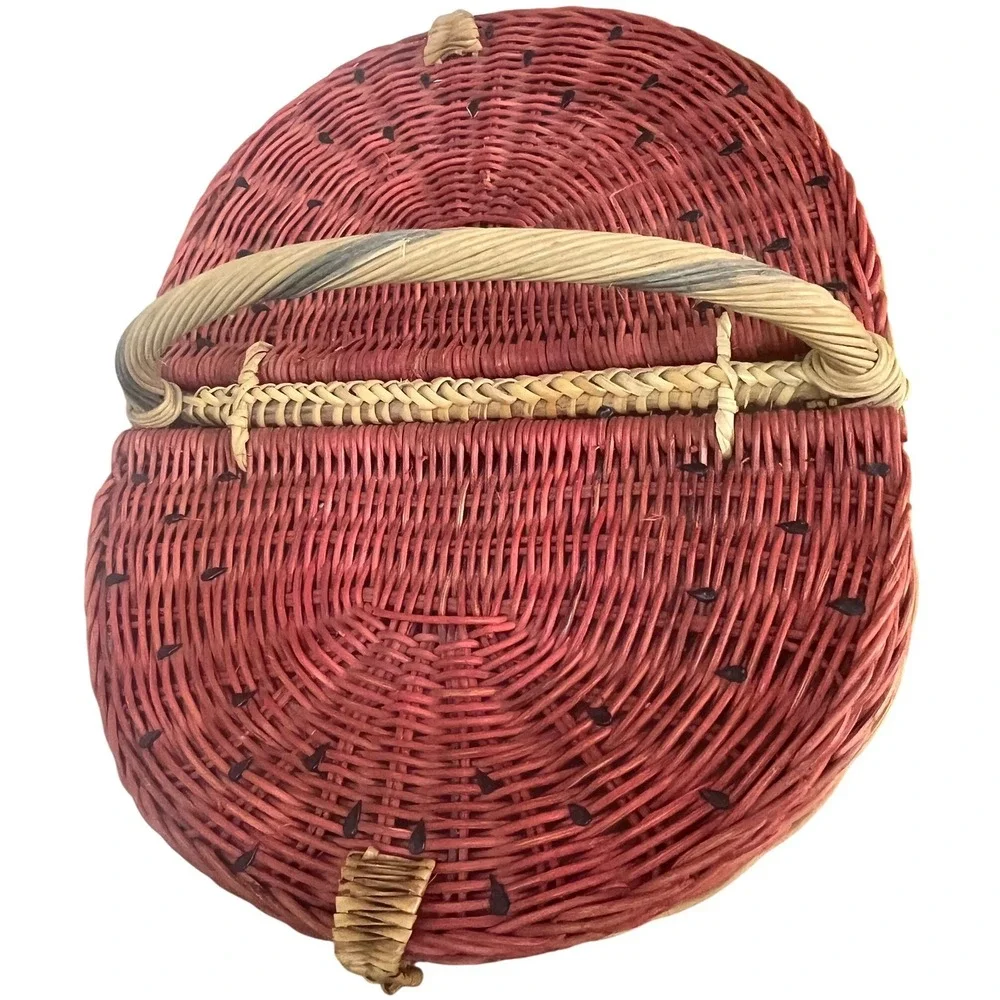 Vintage Watermelon Picnic Basket Woven Wicker Double-Lid Handle Red Green Large